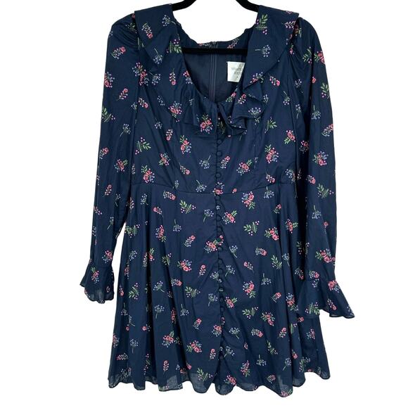 Hyacinth House Floral Ruffle Neck Norah Mini Dress Navy Blue Size Medium - Picture 2 of 7